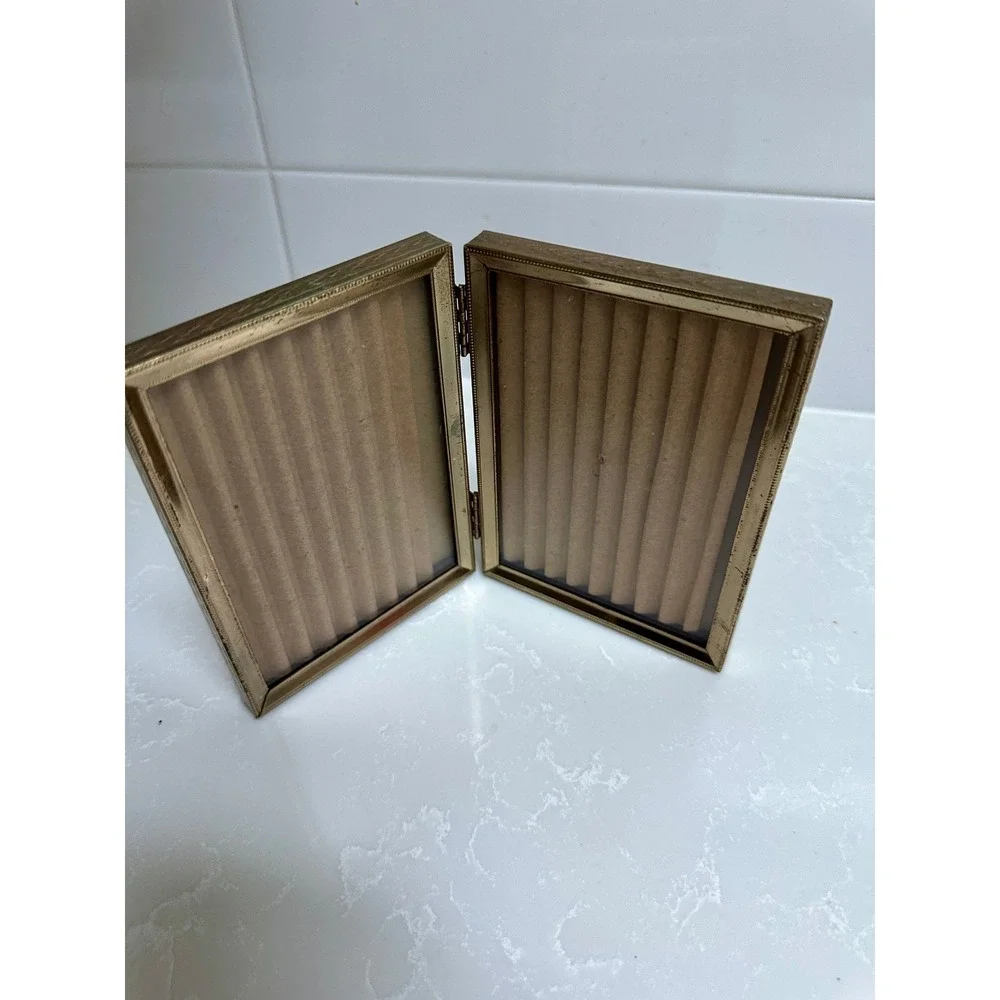 Vintage Gold Metal Folding Double Photo Frame Standing Etched Wheat 5x7 Open